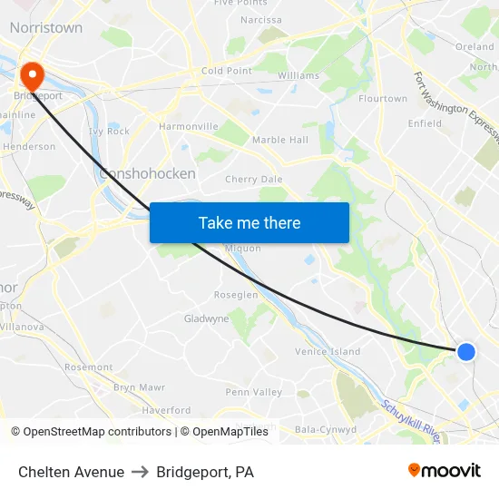 Chelten Avenue to Bridgeport, PA map