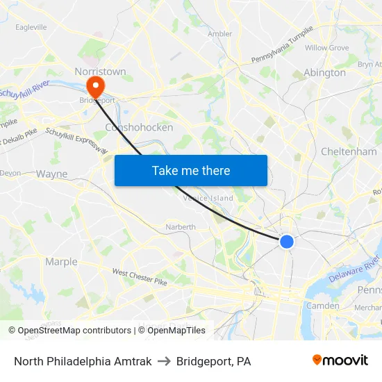 North Philadelphia Amtrak to Bridgeport, PA map
