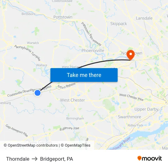 Thorndale to Bridgeport, PA map