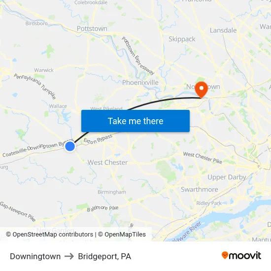 Downingtown to Bridgeport, PA map