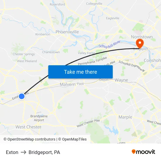 Exton to Bridgeport, PA map