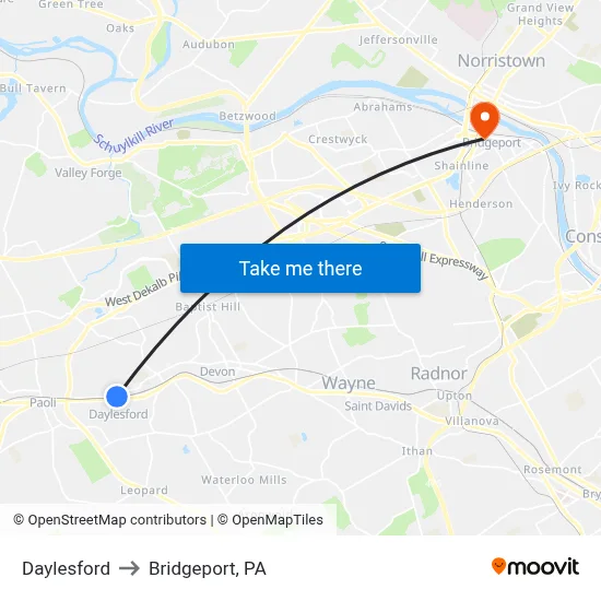 Daylesford to Bridgeport, PA map