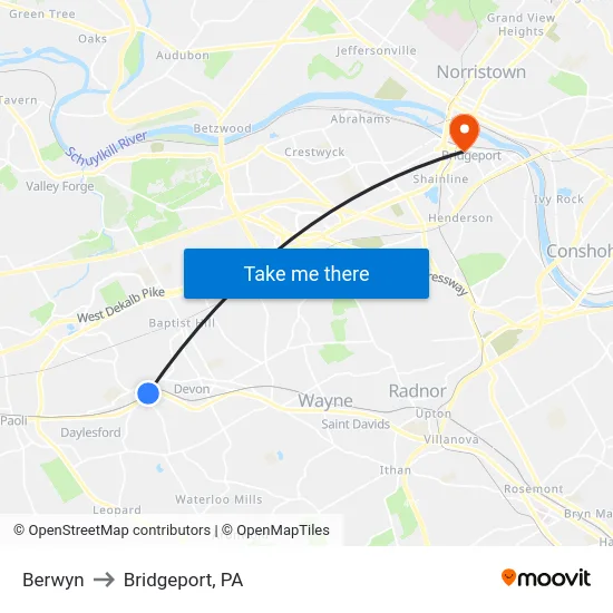Berwyn to Bridgeport, PA map