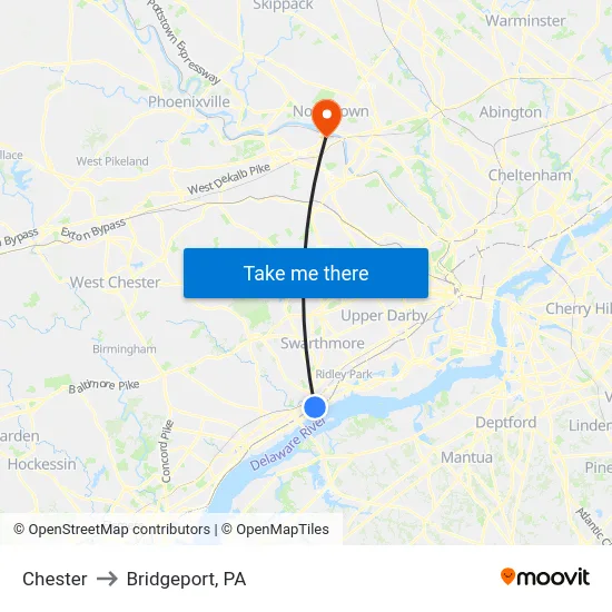 Chester to Bridgeport, PA map