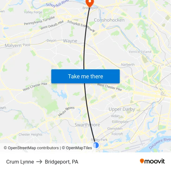 Crum Lynne to Bridgeport, PA map