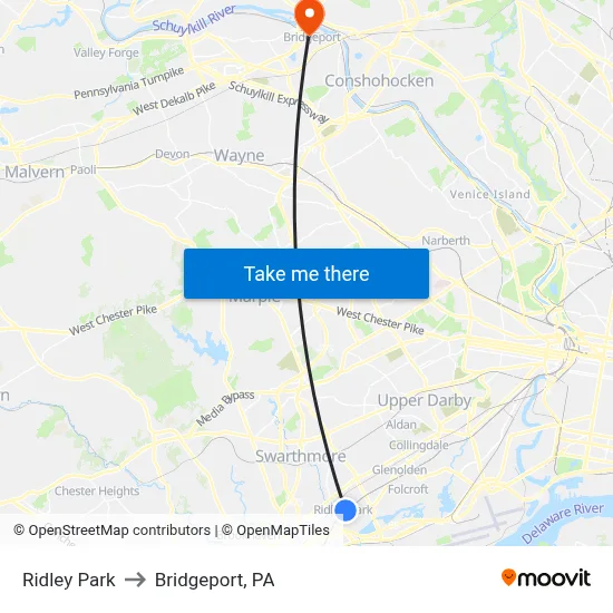 Ridley Park to Bridgeport, PA map