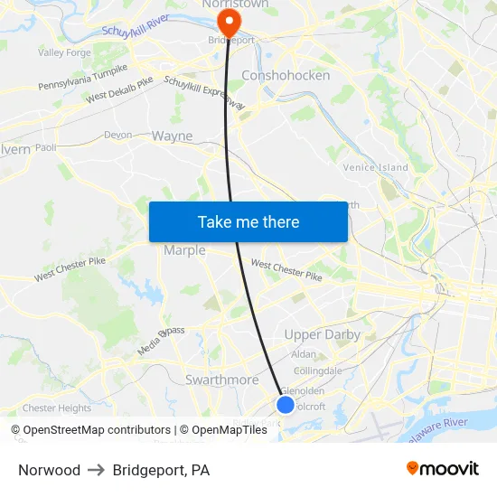 Norwood to Bridgeport, PA map