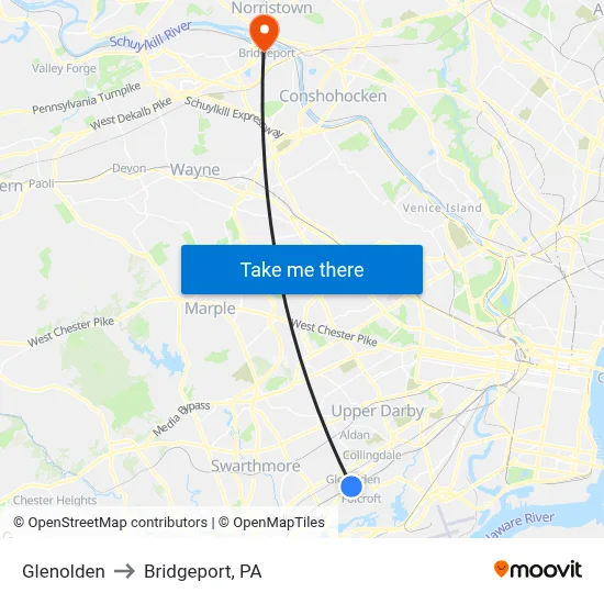 Glenolden to Bridgeport, PA map