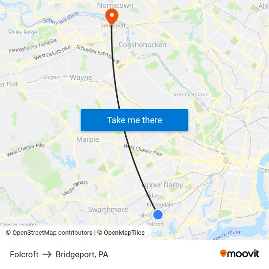 Folcroft to Bridgeport, PA map