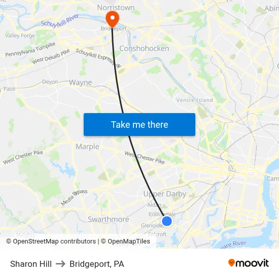Sharon Hill to Bridgeport, PA map