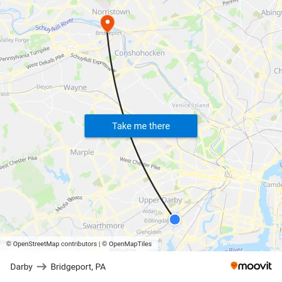 Darby to Bridgeport, PA map