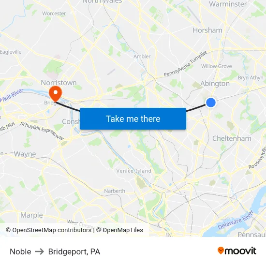 Noble to Bridgeport, PA map