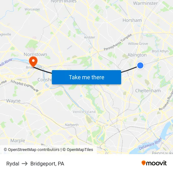Rydal to Bridgeport, PA map