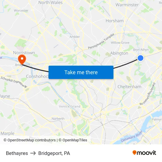 Bethayres to Bridgeport, PA map