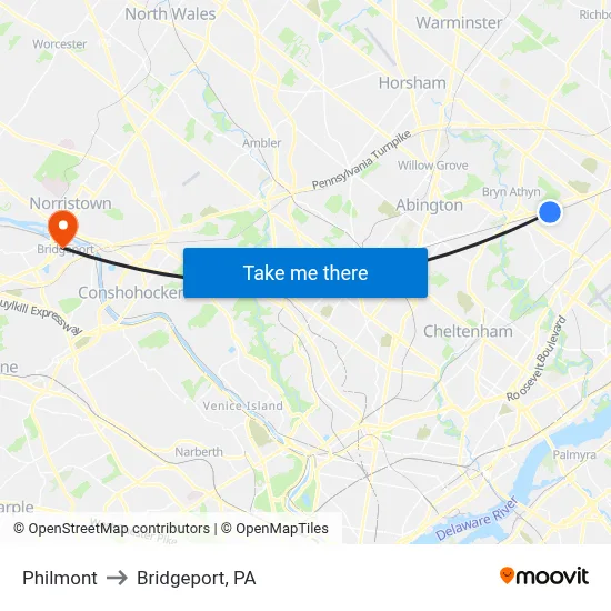Philmont to Bridgeport, PA map