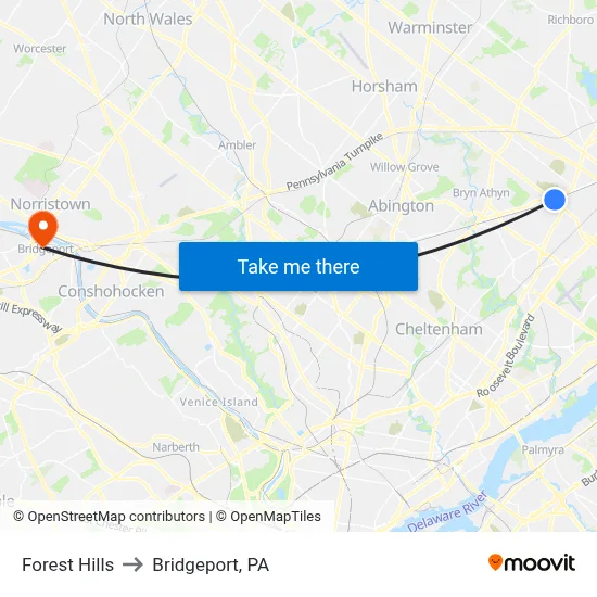 Forest Hills to Bridgeport, PA map