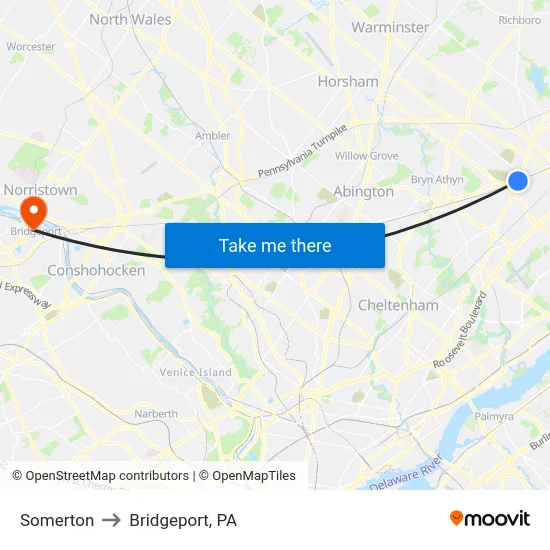 Somerton to Bridgeport, PA map