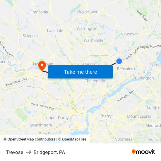 Trevose to Bridgeport, PA map