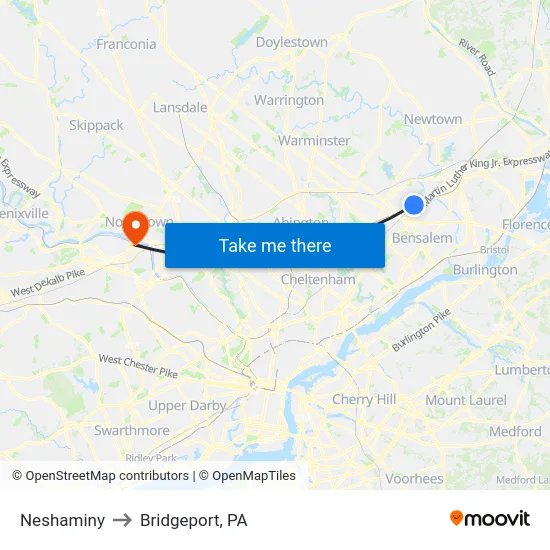 Neshaminy to Bridgeport, PA map
