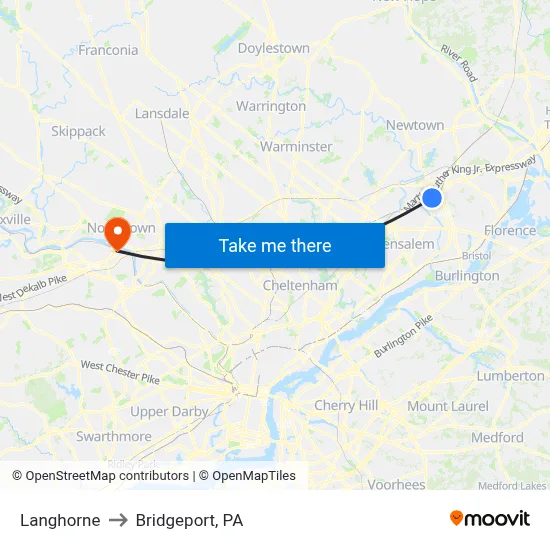 Langhorne to Bridgeport, PA map