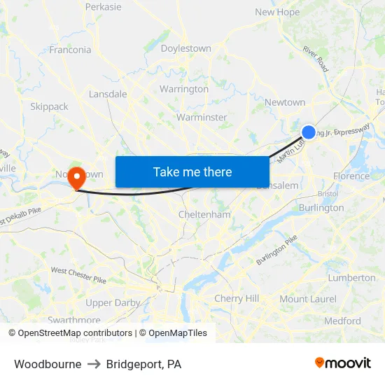 Woodbourne to Bridgeport, PA map
