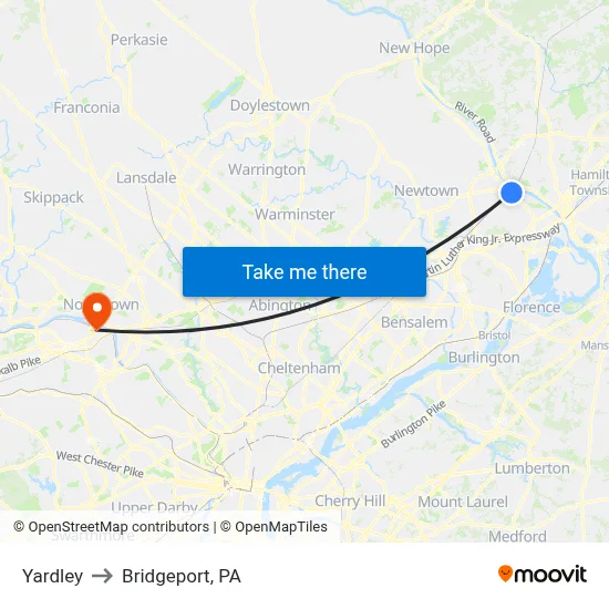 Yardley to Bridgeport, PA map