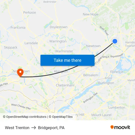 West Trenton to Bridgeport, PA map
