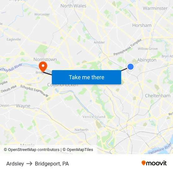 Ardsley to Bridgeport, PA map