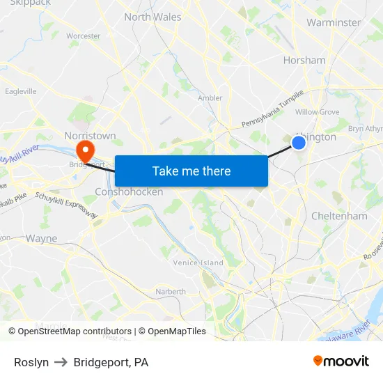 Roslyn to Bridgeport, PA map