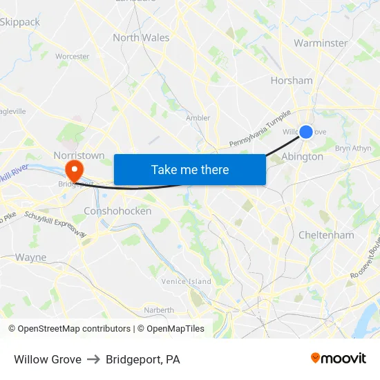 Willow Grove to Bridgeport, PA map