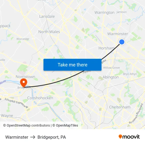Warminster to Bridgeport, PA map