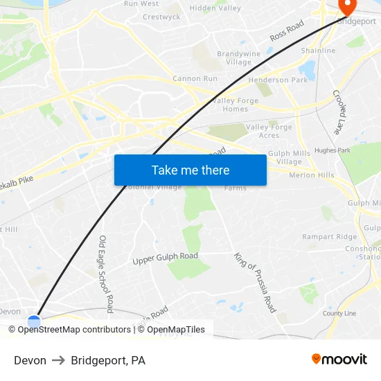 Devon to Bridgeport, PA map