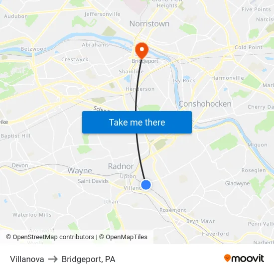 Villanova to Bridgeport, PA map