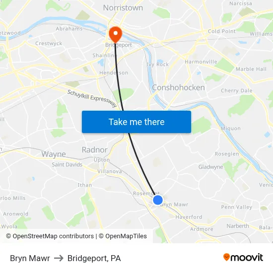 Bryn Mawr to Bridgeport, PA map