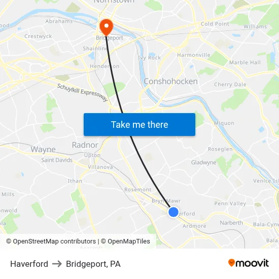 Haverford to Bridgeport, PA map