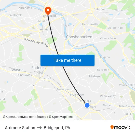 Ardmore Station to Bridgeport, PA map