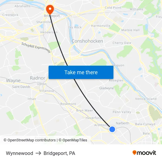 Wynnewood to Bridgeport, PA map