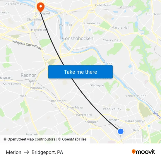 Merion to Bridgeport, PA map