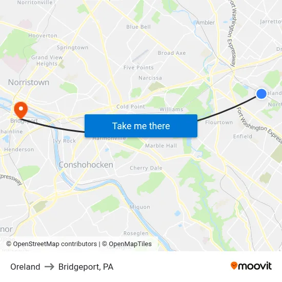 Oreland to Bridgeport, PA map