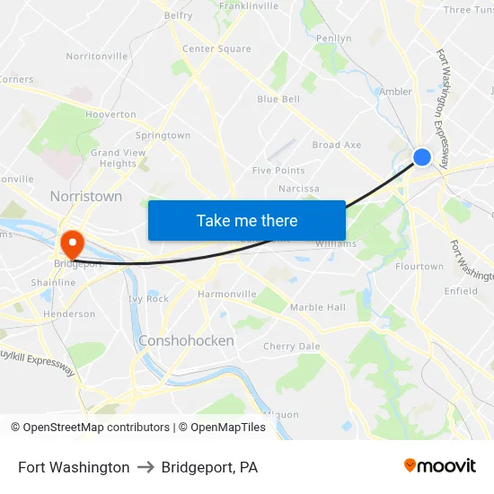 Fort Washington to Bridgeport, PA map