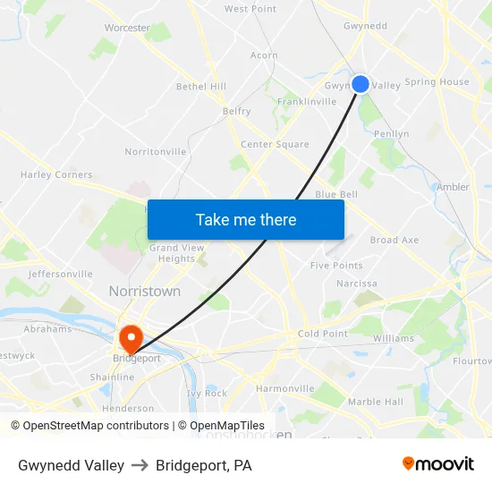 Gwynedd Valley to Bridgeport, PA map