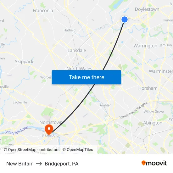 New Britain to Bridgeport, PA map
