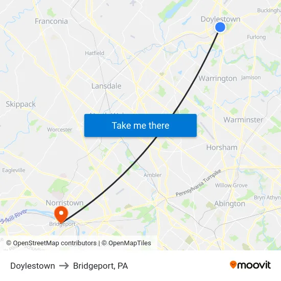 Doylestown to Bridgeport, PA map