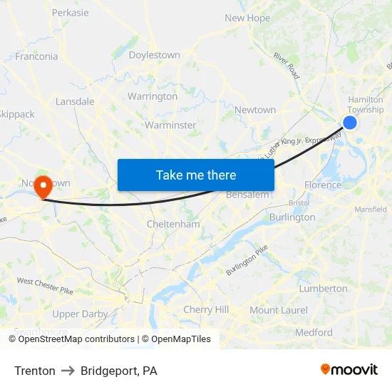 Trenton to Bridgeport, PA map