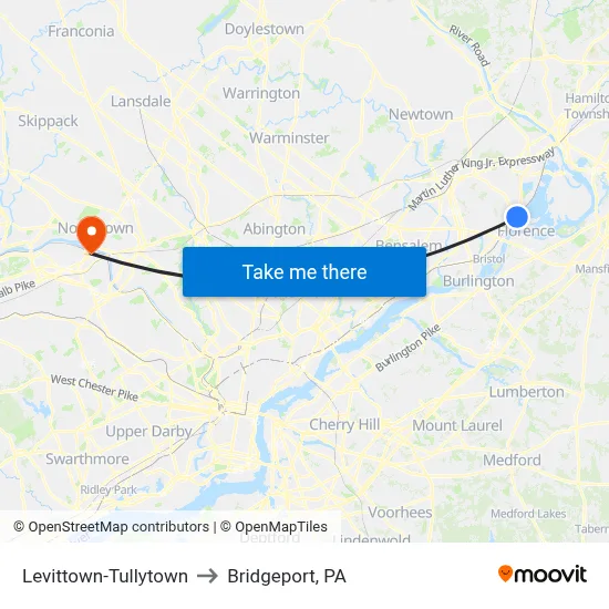 Levittown-Tullytown to Bridgeport, PA map