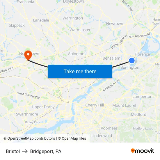 Bristol to Bridgeport, PA map