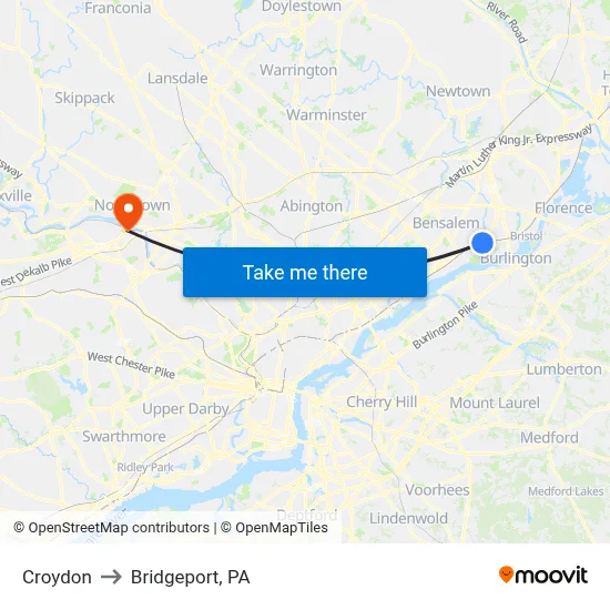 Croydon to Bridgeport, PA map