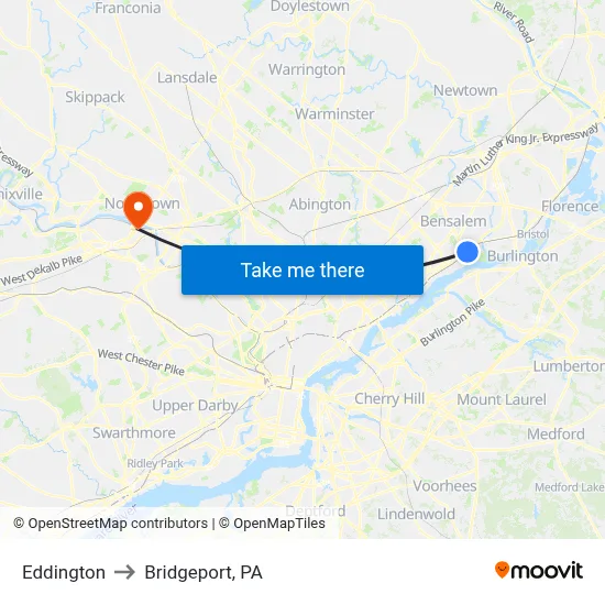 Eddington to Bridgeport, PA map