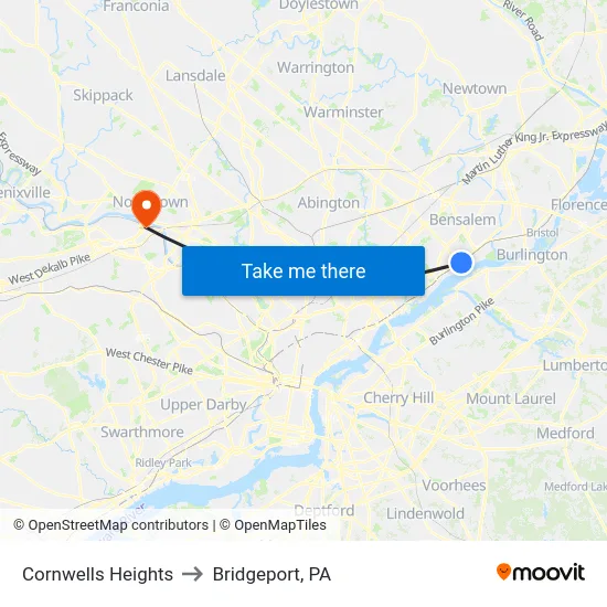 Cornwells Heights to Bridgeport, PA map