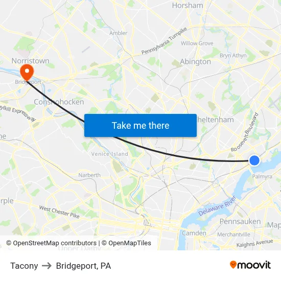 Tacony to Bridgeport, PA map